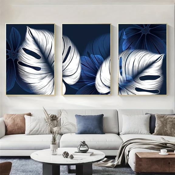 3pcs Frameless Abstract Blue White Plant Leaf Posters Print Modern Home Decor Picture Wall Art Canvas Painting Nordic Living Room Decor, No Frame