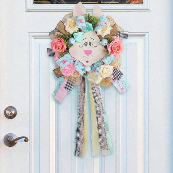 Funny Easter Bunny Spring Wreath with Flowers and Bow, Front Door Decorations Home Farmhouse Outdoor Indoor Wall Mantel Window