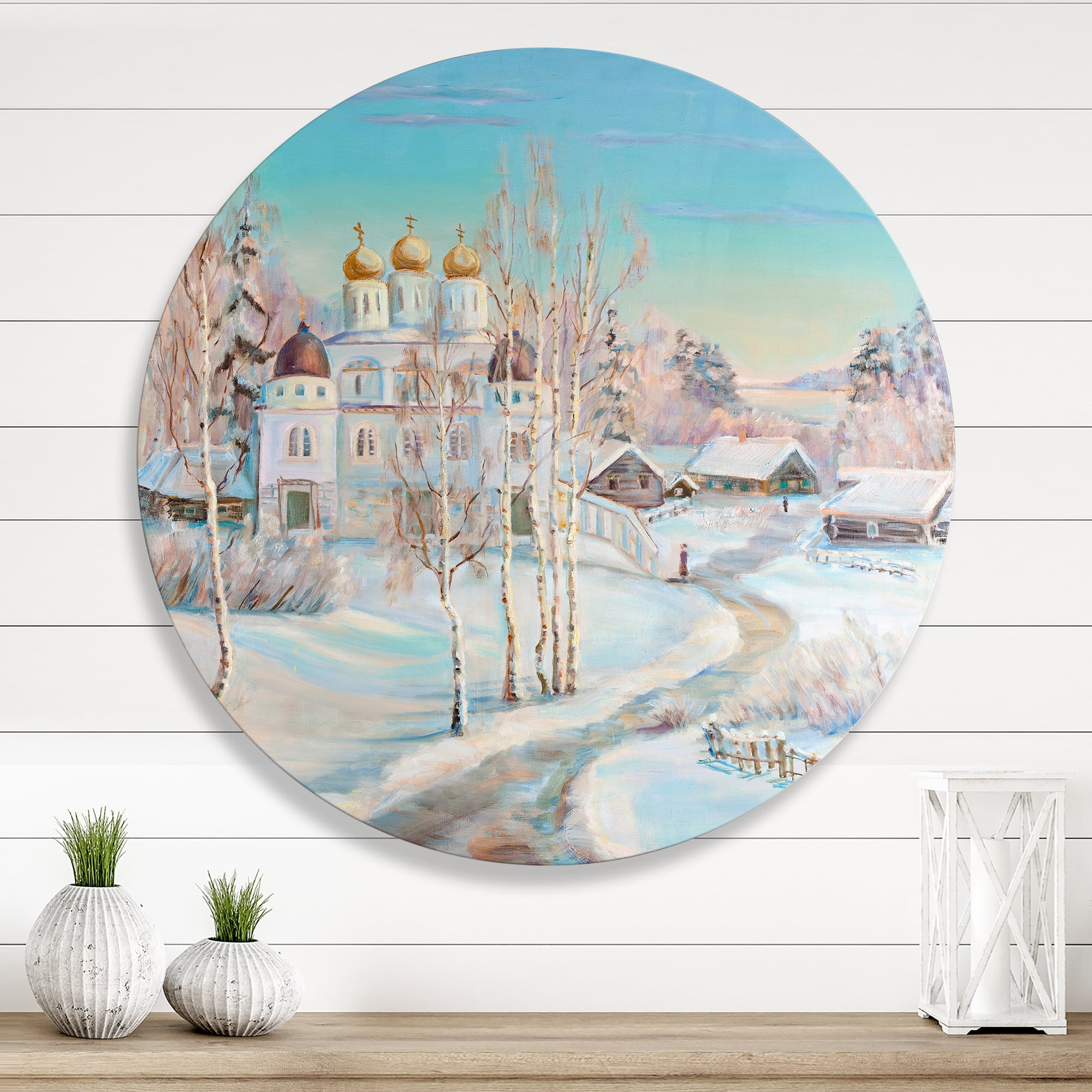 Designart 'Temple Over Country Road In Winter Landscape' Traditional Circle Metal Wall Art 11x11 - Disc of 11