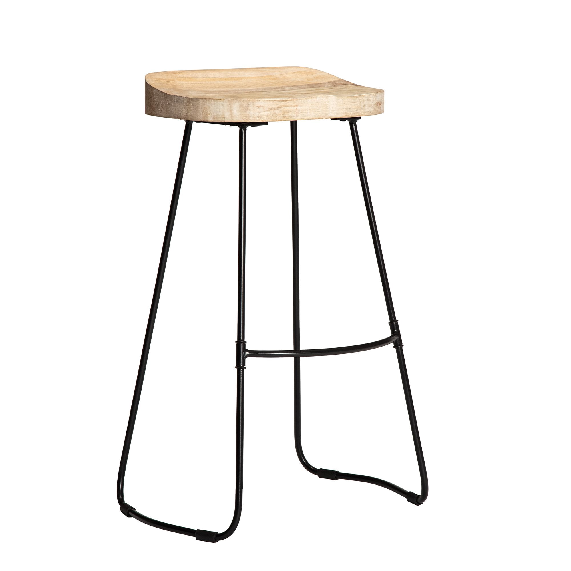 MH London Wood Bar Stool Solid Wood Saddle Seat, Industrial Metal Legs