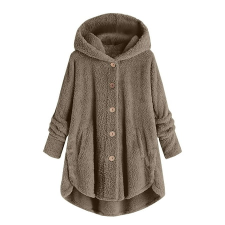 wo-fusoul Winter Clothes for Women 2024 Fashion Plus Size Long Sleeve Warm Comfy Fuzzy Fleece Coats Hoodies Pullover Jackets Khaki M