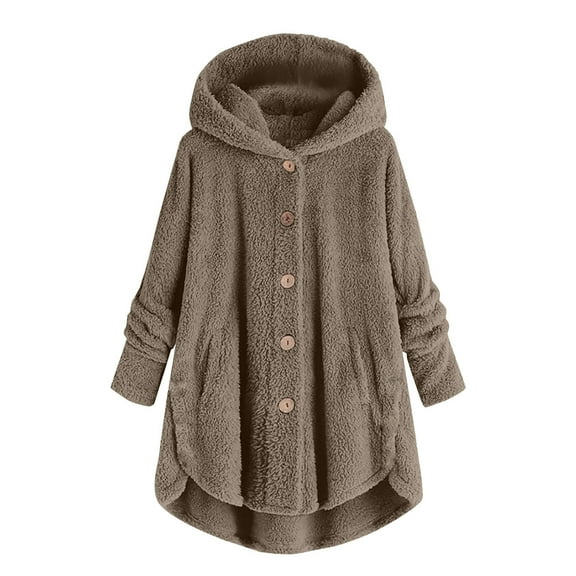 Buigttklop Women Plus Size Button Plush Tops Hooded Loose Cardigan Wool Coat Winter Jacket