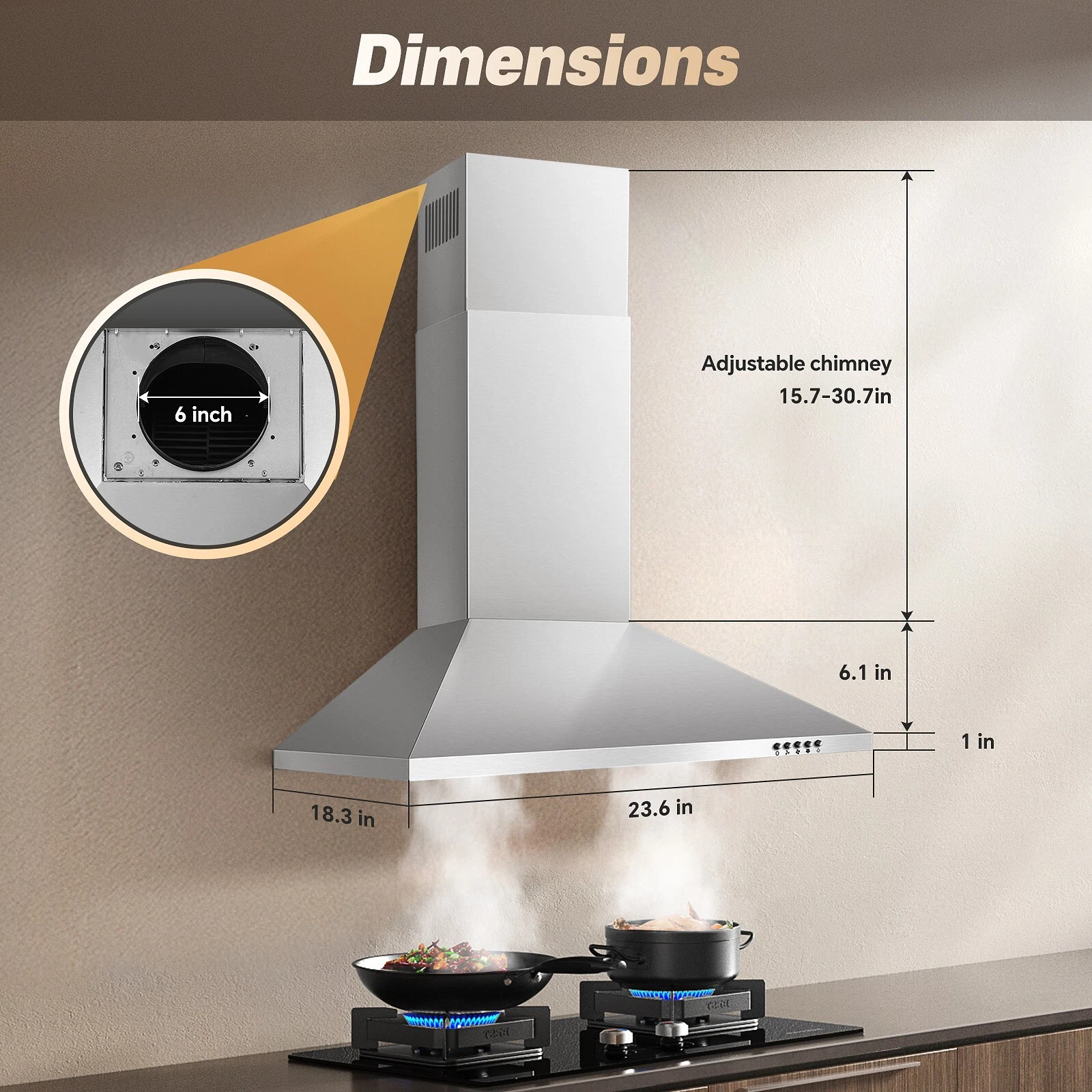 Range Hood 24 inch Range Hood Stainless Steel Oven Vent Hood,Wall Mount Kitchen Hood,Ducted/Ductless Chimney-Style Kitchen Exhaust Hood with Push Button Control,Stove Vent Hood with 3-speed Fan
