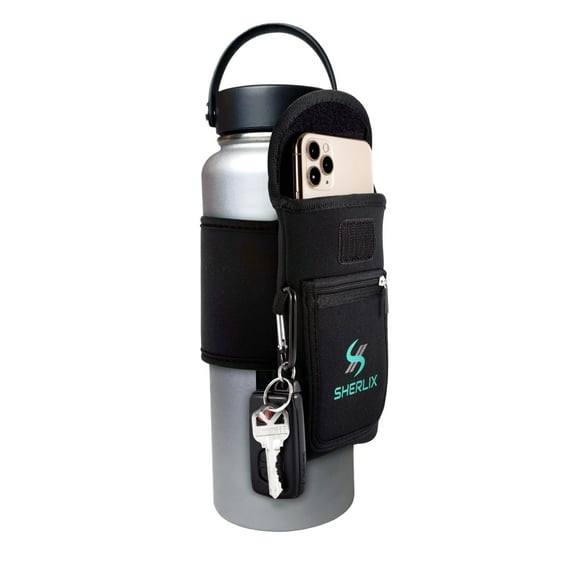Gym Water Bottle Pouch -Black Medium 32-40 oz Water Bottle Holder for Running, Walking, Workout -Cell Phone Holder Caddy, Cards, Accessory Pockets - Key Holder - Handheld Sport Bottle Carrier Sleeve