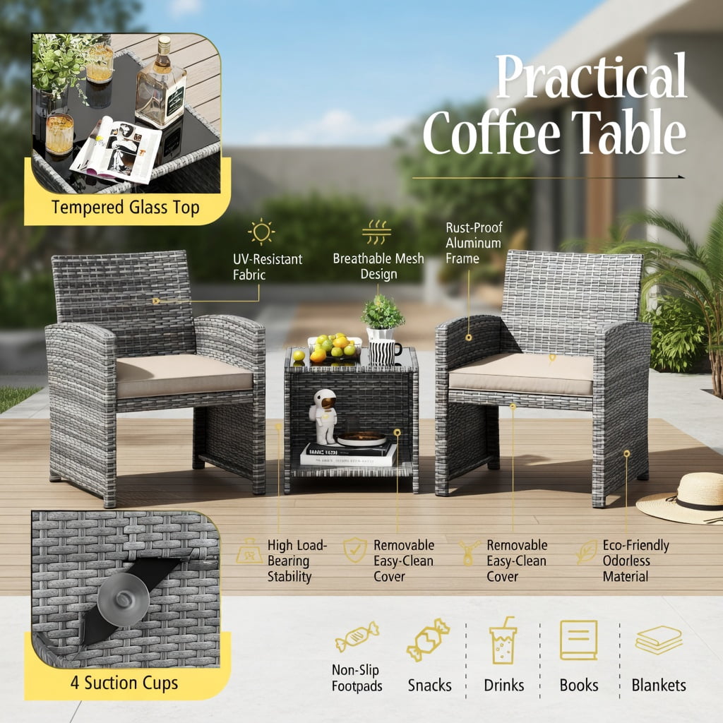 Hommoo 3-Piece Outdoor Patio Furniture Set, PE Rattan Sofa Chairs with Tempered Glass Coffee Table, Weather-Resistant Wicker for Porch, Poolside & Backyard, White