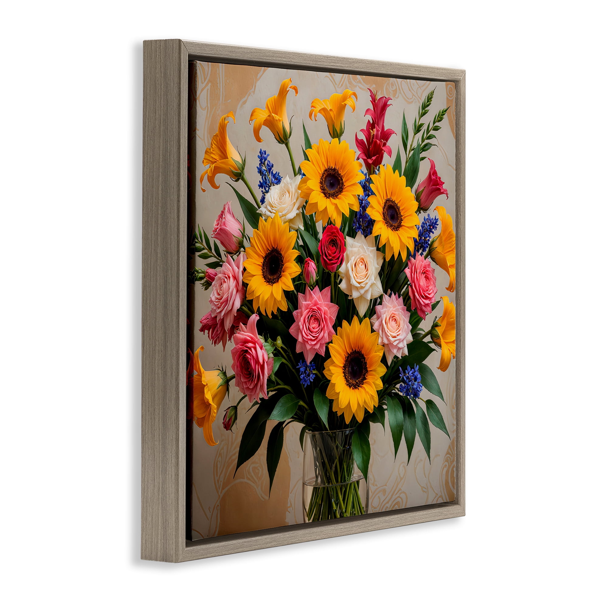 Stupell Industries Bold Sunflowers Mixed Bouquet Plants & Flowers Painting Brown Floater Framed Canvas Art Print Wall Art, 18 x 18