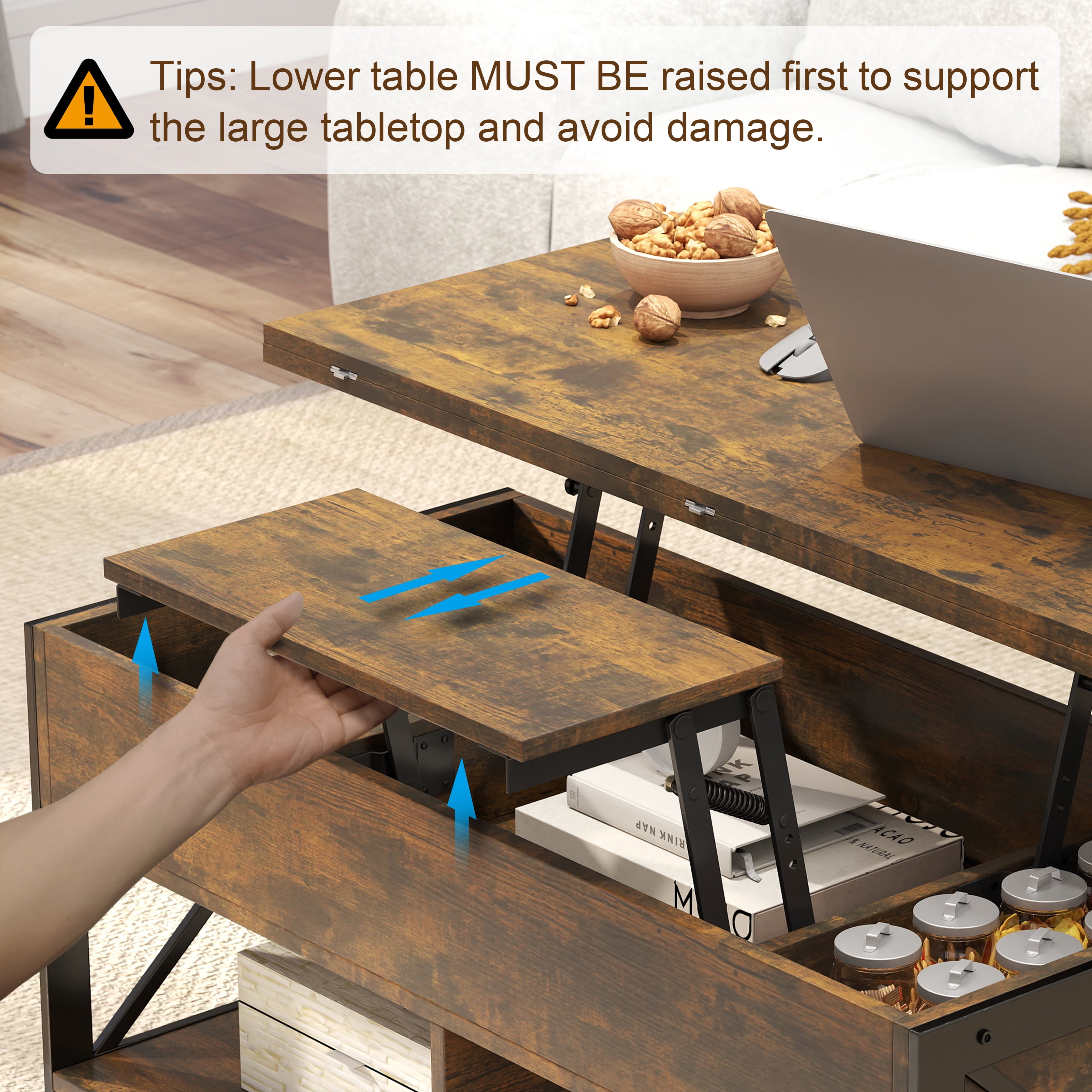 Manora Lift Top Coffee Table, Wooden Convertible Coffee Table with Storage for Living Room&Dining Room,Brown