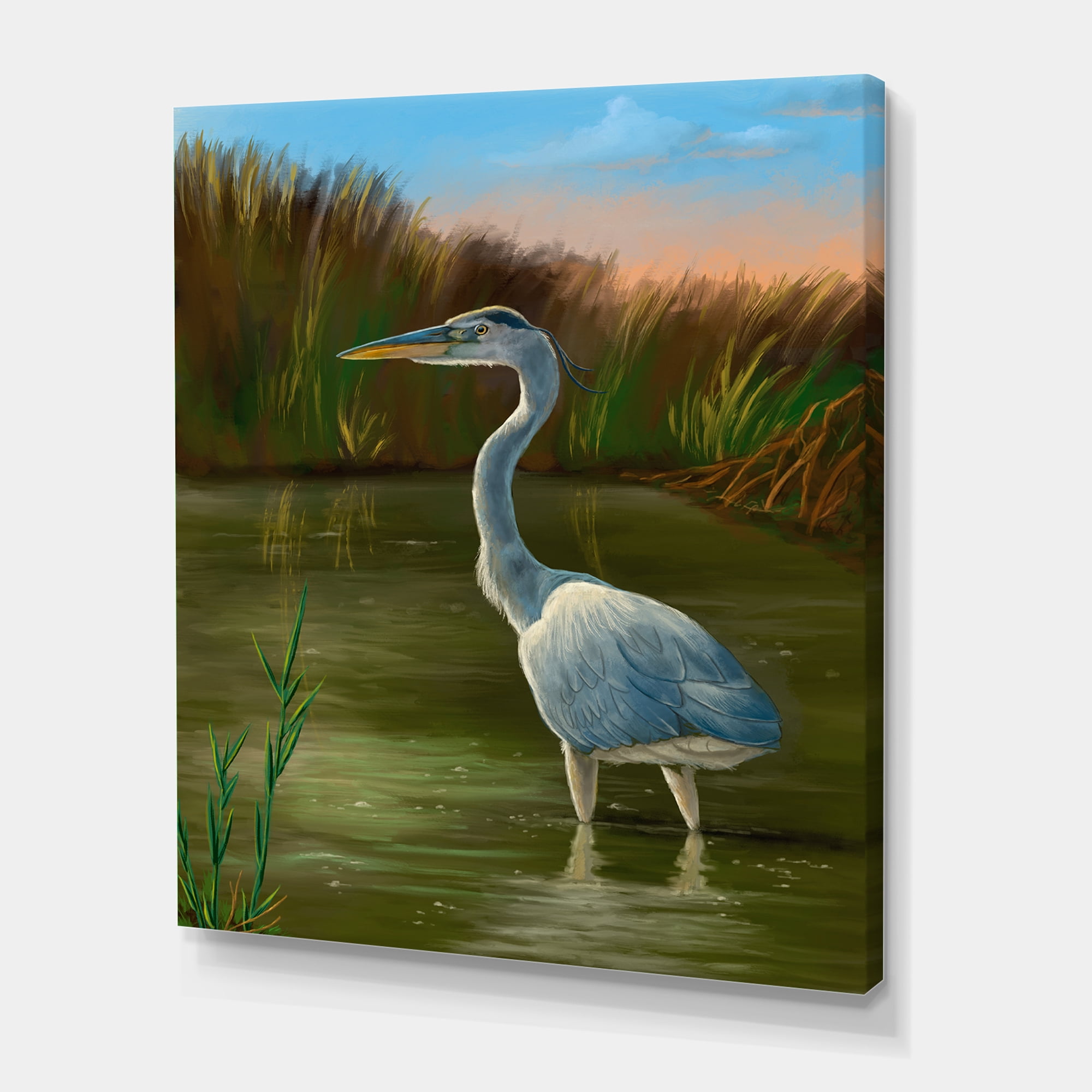 Designart ' Blue Heron Wetland Bird on The Lake Shore ' Traditional Canvas Wall Art Print