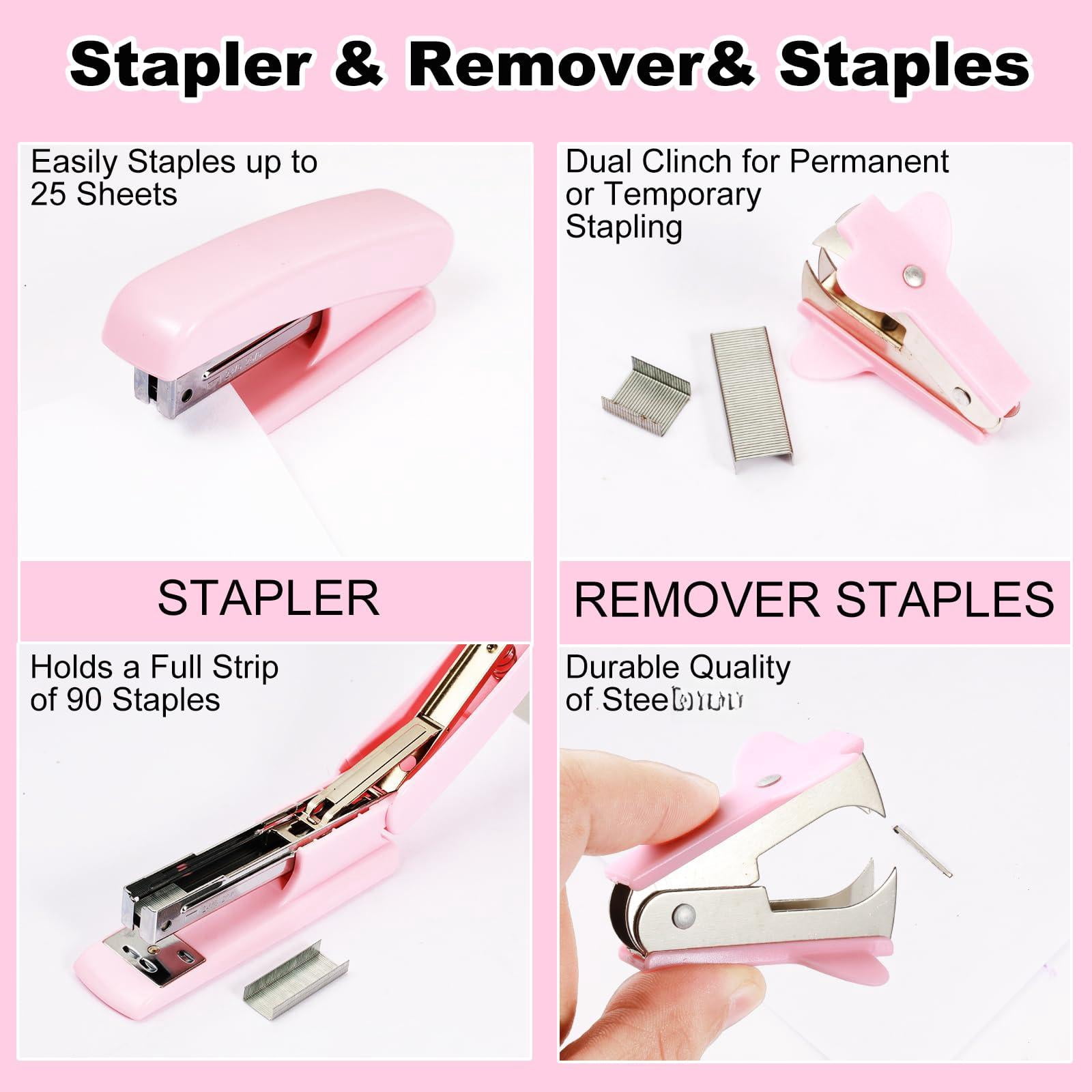 Pink Desk Organizers And Accessories Set With 360-degree Rotating Pen Holder  Tape Dispenser Stapler Staple Remover 1000 Staples Clips Ruler Scissor