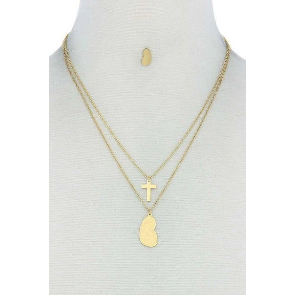 Stylish Double Layer Cross And Mary Necklace And Earring Set Silver