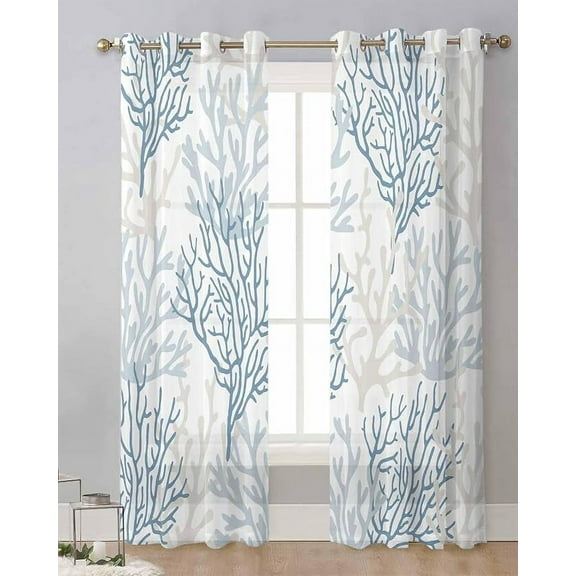 Blue Grey Coral Coastal Blackout Curtains Set For Living Room/Bedroom, Summer Beach Seaside Nautical Kitchen Curtains With Grommet Semi-Sheer Curtains Drapes 42"W x 108"L (Pack of 2)