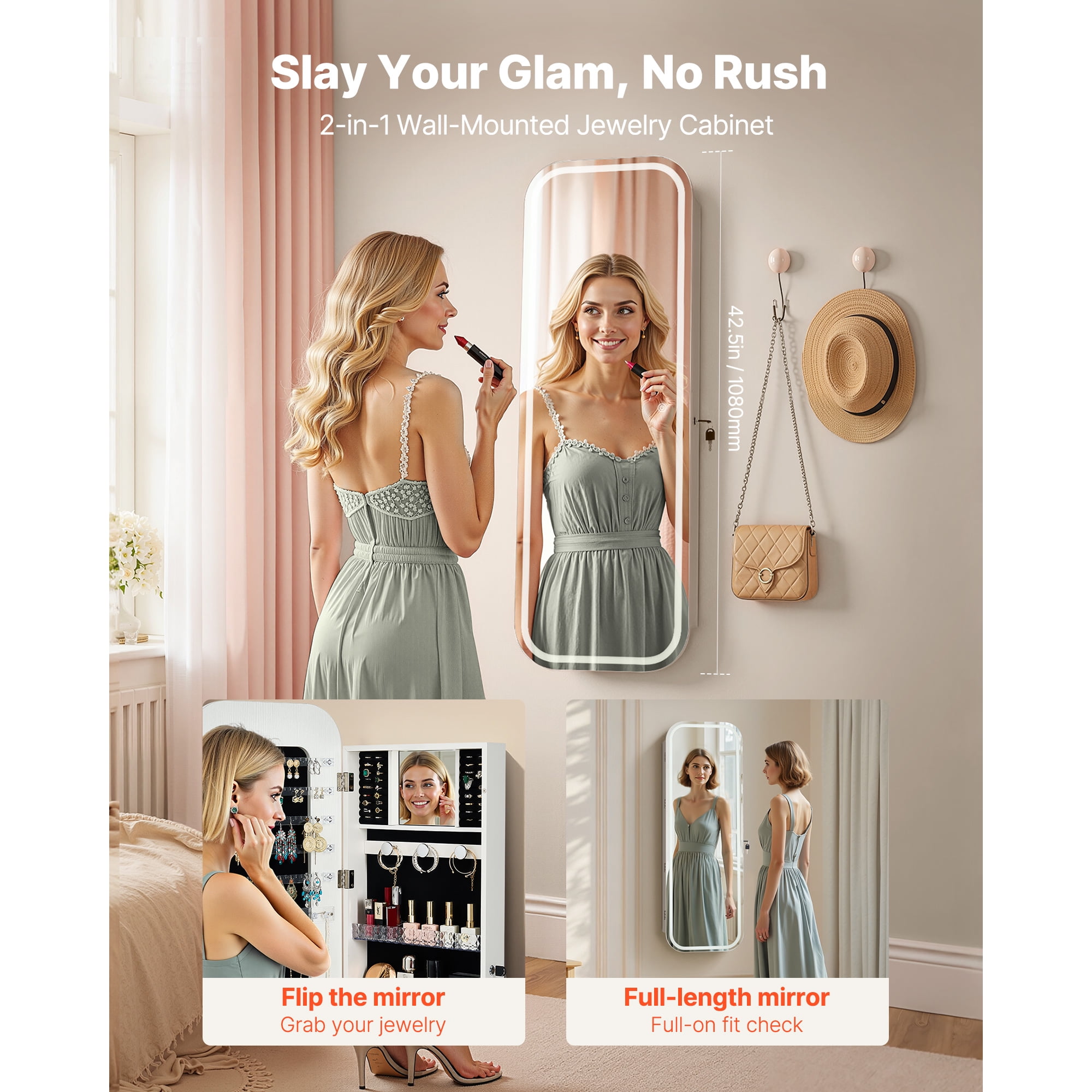 KFFKFF LED Mirror Jewelry Cabinet, 42.5-inch Tall, Full-Length Mirror with Storage, Wall-Mount or Over-the-Door Jewelry Organizer with Lights, Rounded Edges, Lockable Door with 2 Keys, White