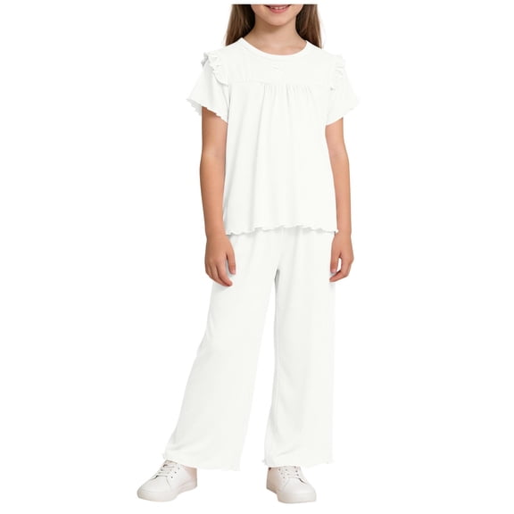 Afelkas Girls' Ruffle Sleeve Lounge Set Pleated Crewneck Top and Wide Leg Pants 2-Piece Outfit Soft Sleepwear for Home Casual Play White,1-2 Years