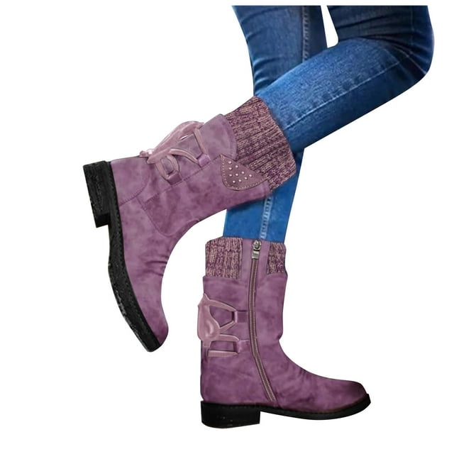 Leozcaa Womens Low Heel Mid Calf Slouchy Slip On Casual Boots with Side Zipper Retro Fall Winter Booties