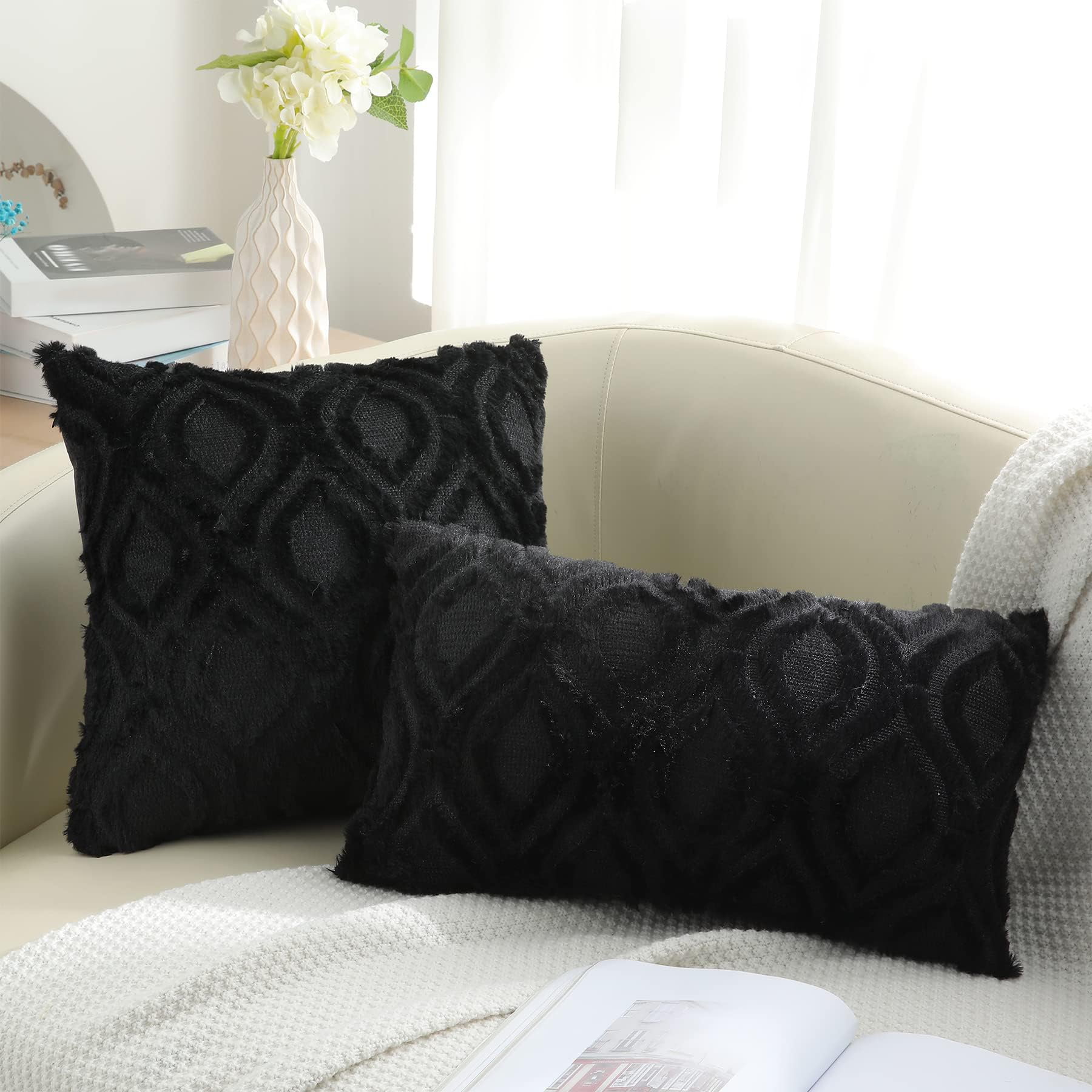 decorUhome Pack of 2 Throw Pillow Covers 16x16, Soft Plush Faux Wool Couch Pillow Covers, Black (Pillow Cover Only, No Inserts Included)