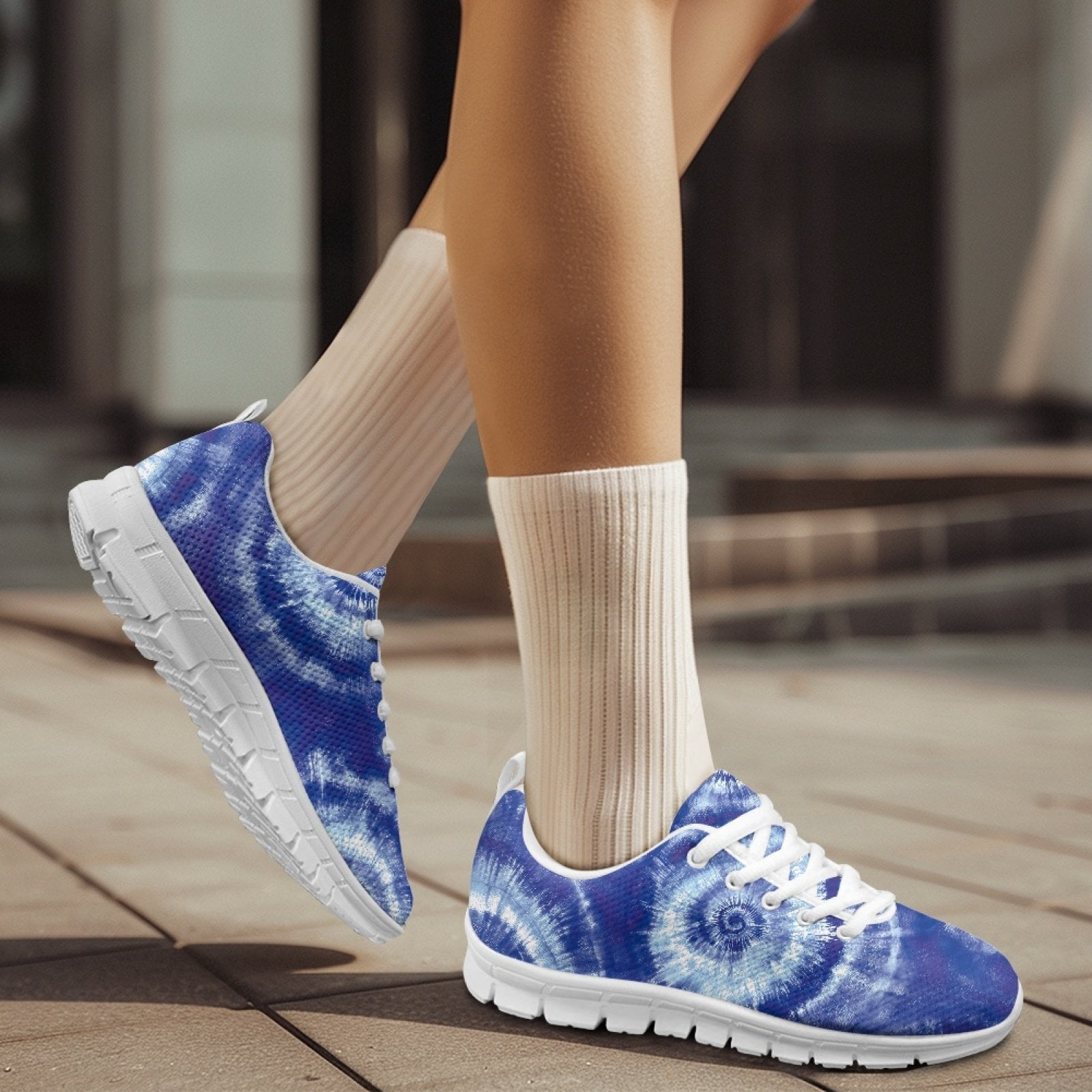 COEQINE Blue Tie-dye Women Sneakers Running Walking Shoes White Sole Fashion Tennis Shoes for Travel Casual Breathable Mesh Trainers Footwear for Women Girls