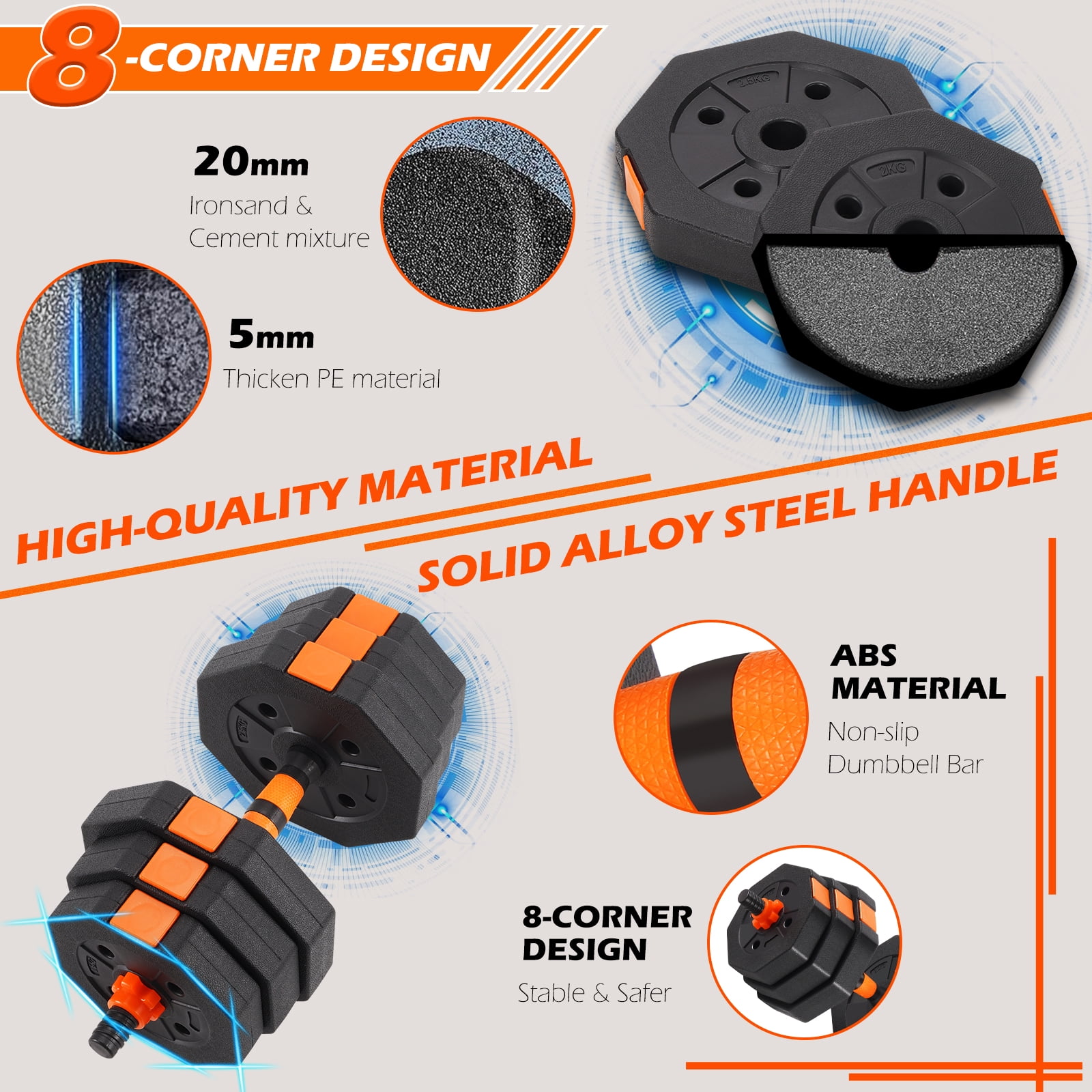 ARVAKOR 50lbs Adjustable Dumbbell Set – Octagonal Anti-Roll Design, Non-Slip Grip, Versatile Weights with Barbell, Kettlebell, Push-Up Options, Orange