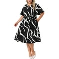 thumbnail image 1 of Vestido de mujer de talla grande Agnes Orinda, impreso, con cuello en V, manga corta, nudo atado, casual, de negocios, corte A, midi, con bolsillos, 3X, negro, 1 of 6