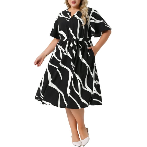 Agnes Orinda Women's Plus Size Dress Printed Notched Neck Short Sleeve Tie Knot Casual Business A Line Midi Dresses with Pockets 1X Black