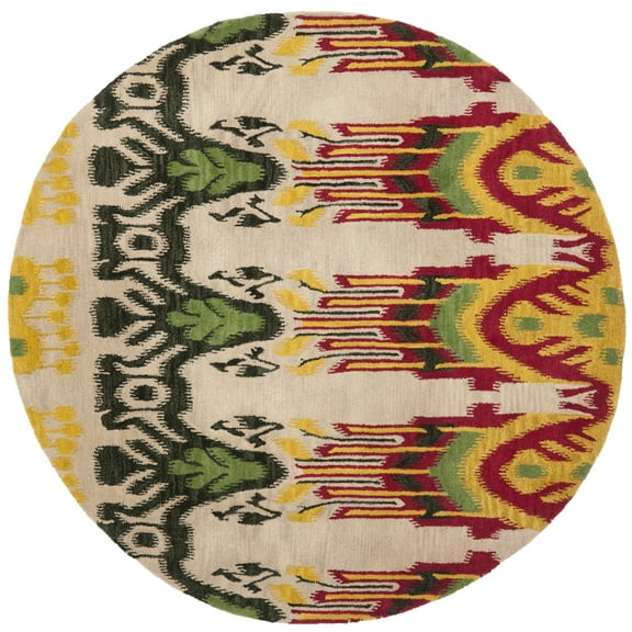 SAFAVIEH Ikat Crane Paisley Wool Area Rug, Beige/Yellow, 6' x 6' Round