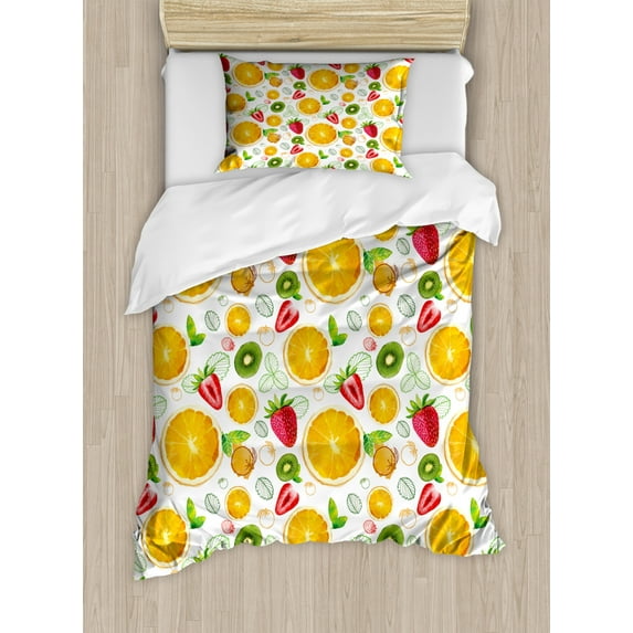 Fruits Duvet Cover Set Twin Size, Citrus Kiwi Lemon Leaves Apricot Watermelon Fresh Exotic Kitchen, Decorative 2 Piece Bedding Set with 1 Pillow Sham, Earth Yellow Red Lime Green, by Ambesonne