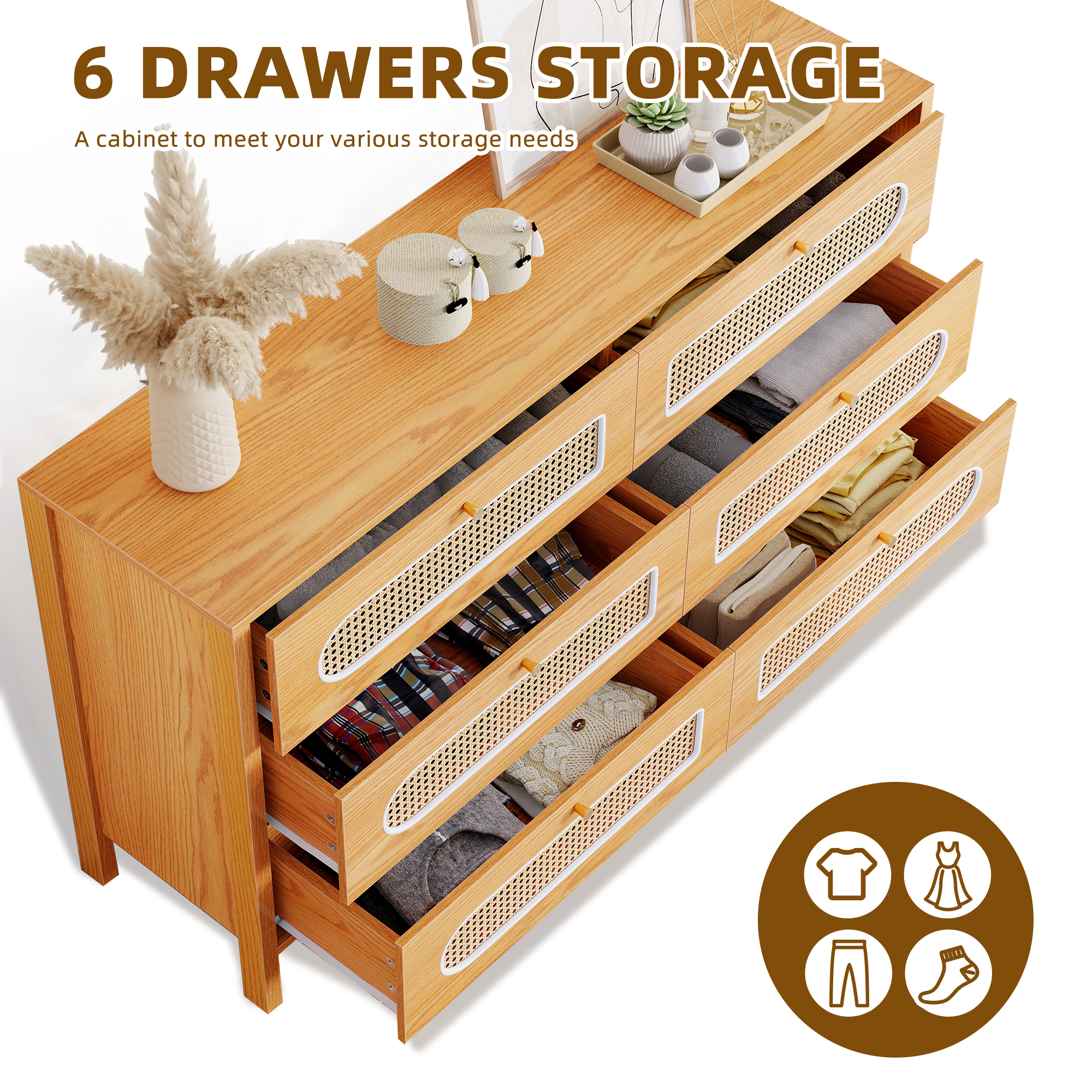Uforic 6-Drawer Horizontal Double Dresser, Wood Chest of Drawers, Natural