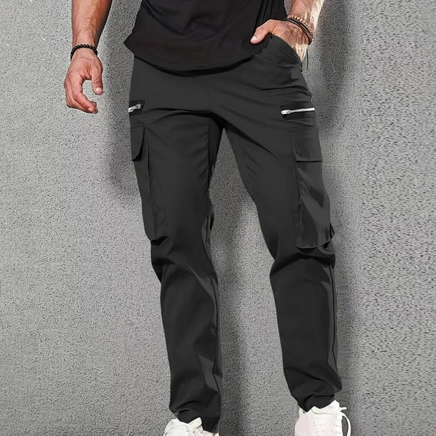Pantalones largos para hombre, informales, con múltiples bolsillos, rectos, para exteriores, para fitness, cargo, de poliéster.