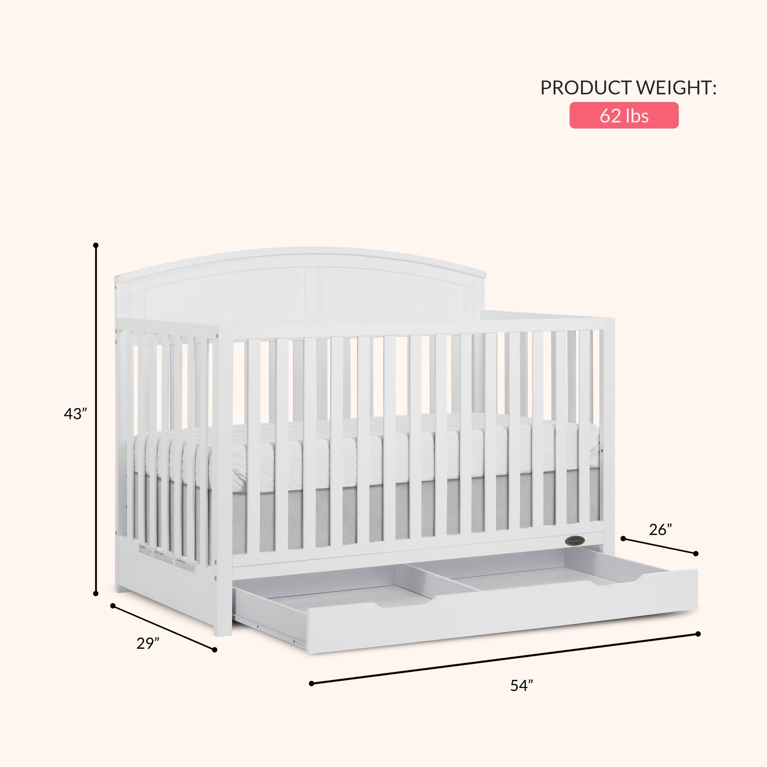 Dream On Me Storybrooke 5 in 1 Convertible Crib with Under Drawer, White