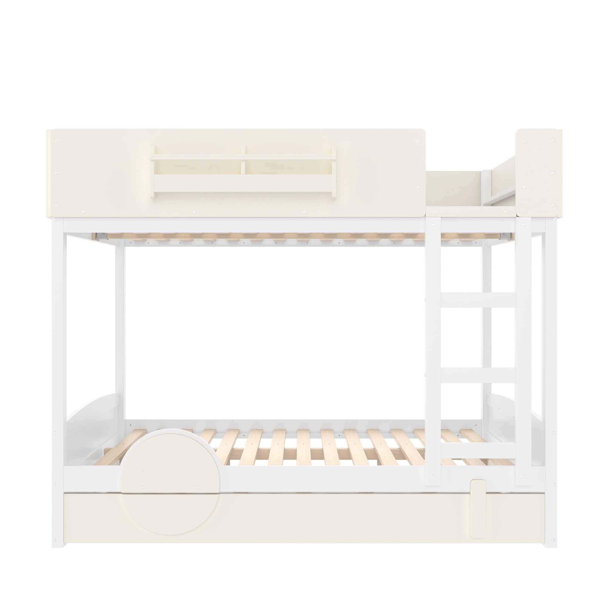 Mintazer Queen Over Queen Car Themed Bunk Bed with Trundle & Bookshelf, Modern Bunk Bed with Guardrail for Kids, White & Beige