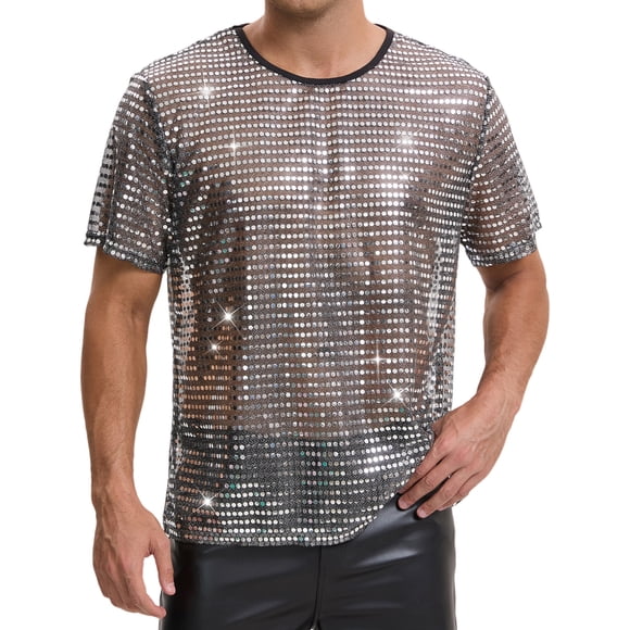 INSPIRE CHIC Sheer Sequin t Shirt for Men's Shiny Short Sleeve Tee Club Party Metallic Glitter T-Shirt XL Silver