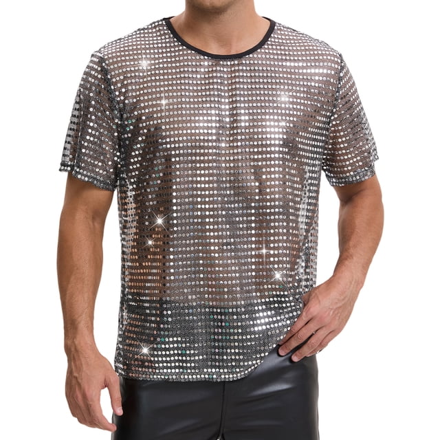 Camiseta de lentejuelas transparente INSPIRE CHIC para hombres, camiseta brillante de manga corta, camiseta metálica con brillo para fiesta en club, XL plateada