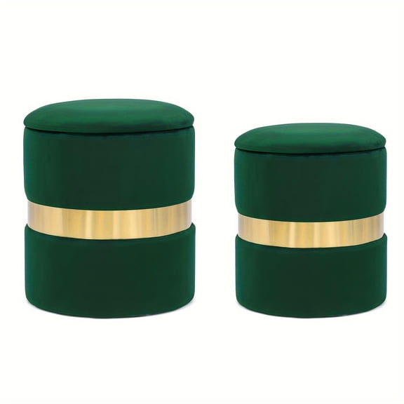 [Velvet Storage Ottoman] 2pcs Velvet Round Storage Ottoman Footstool - Living Room Bedroom Upholstered Footstool Seat Side Table with Metal Strap