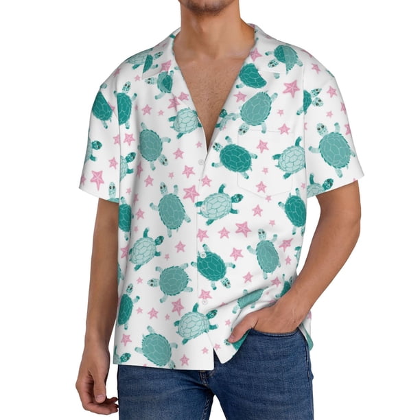 Balery Sea Turtle Camisa Casual de Manga Corta con Botones para Hombre, Texturizada, Estilo Cubano, para Playa, Verano-4X-Large