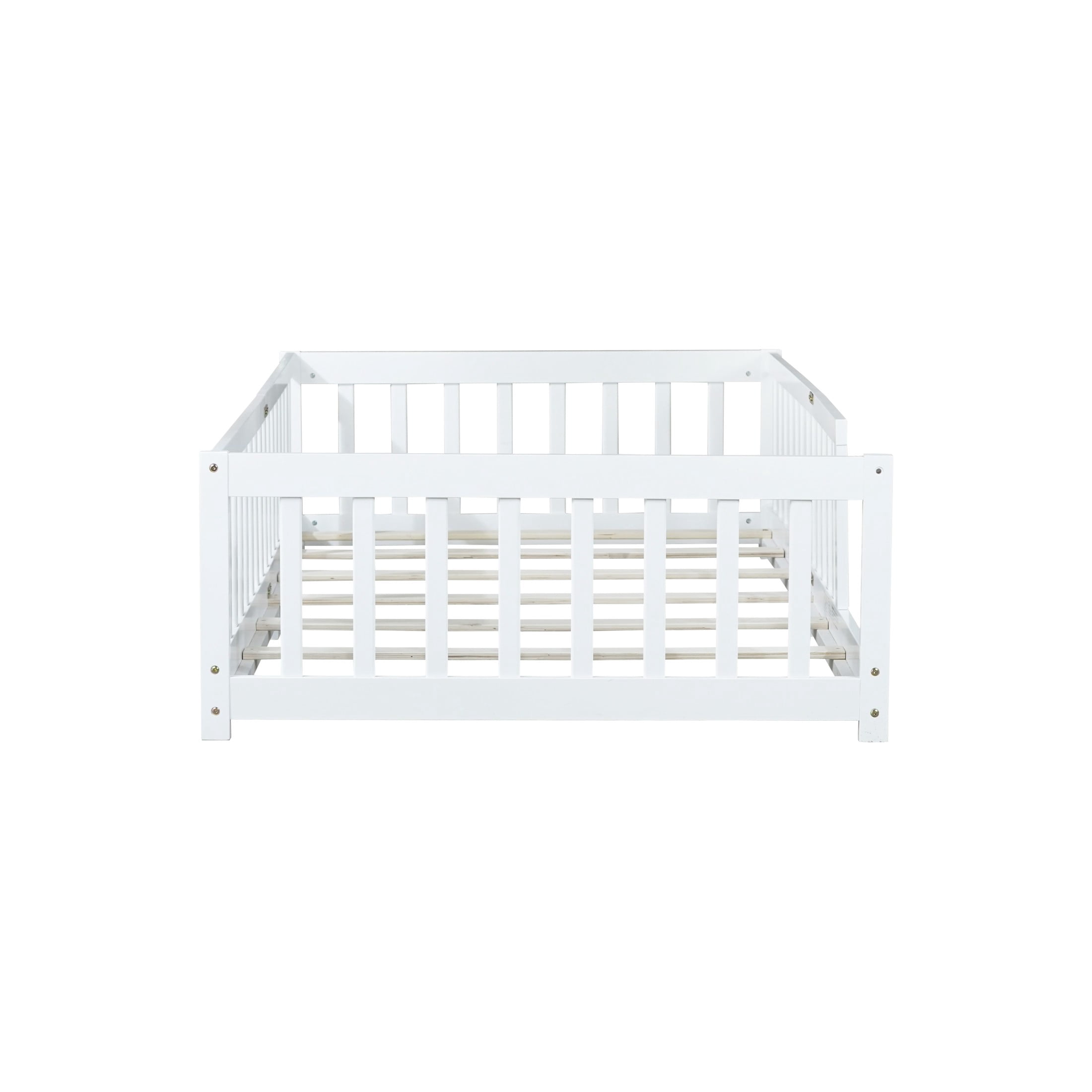 Noble House Erika Twin Floor Bed with Safety Fence, Rubber Wood Montessori Bed Frame, Kid's Room, White