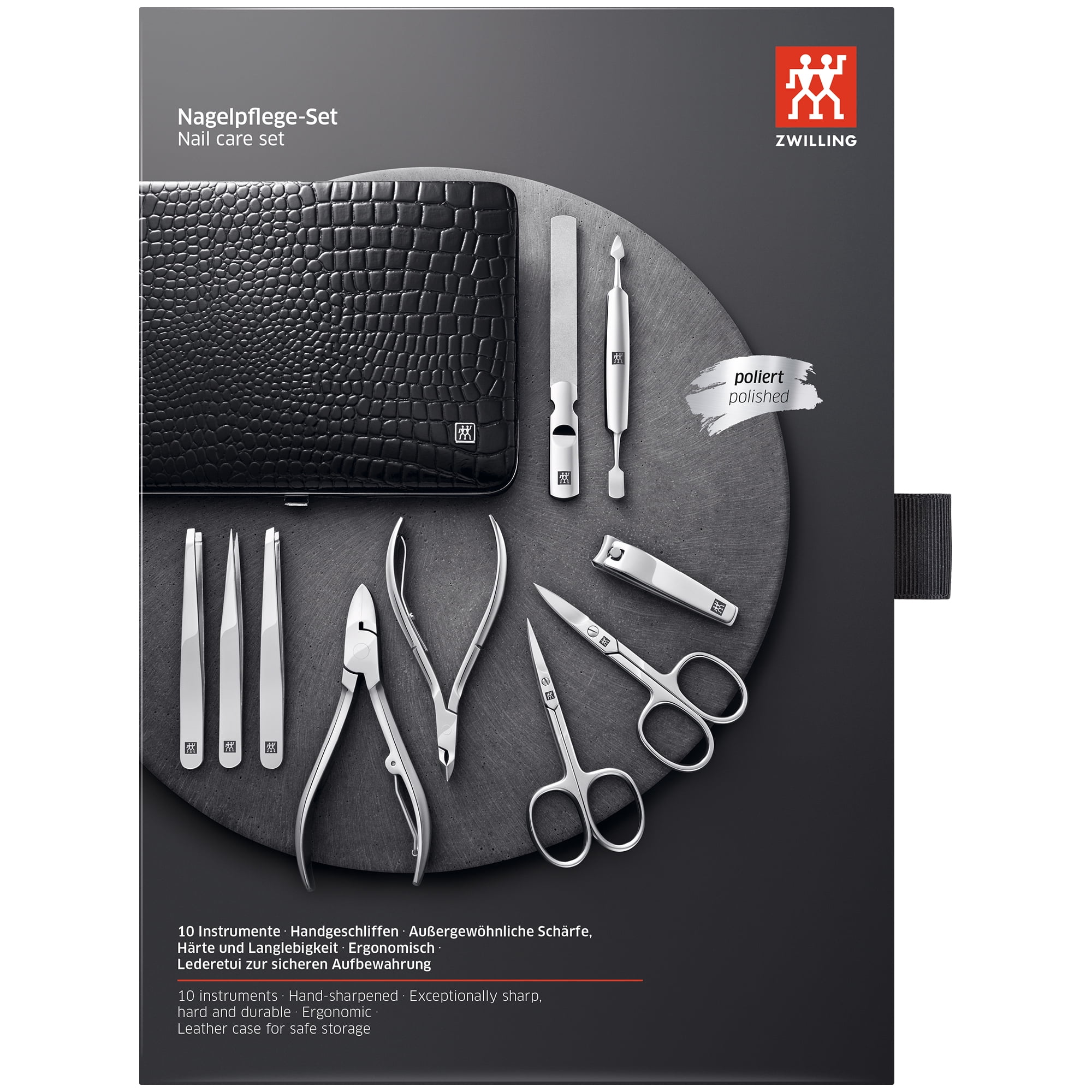 ZWILLING Manicure Set (10 piece, complete set for fingernails and toenails, genuine leather case with metal frame), Polished Stainless Steel, Crocodile Edition, Black