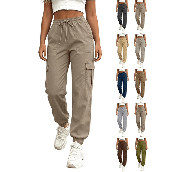 Liuinsasek Womens Tapered Cargo Pants with Drawstring Elastic Waistband and Pockets Jogger Pants Lightweight Comfortable for Athletic Running Travel