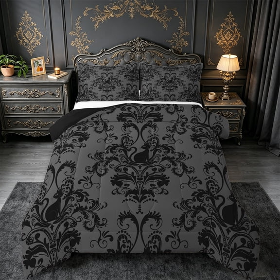 jejeloiu Victorian Baroque Print Bedding Comforter Set,Retro Damask Floral Twin Comforter Sets,Black Cat Kitten Bedding Set For Girls Boys,Uper Cozy Room Decor Reversible,2pcs