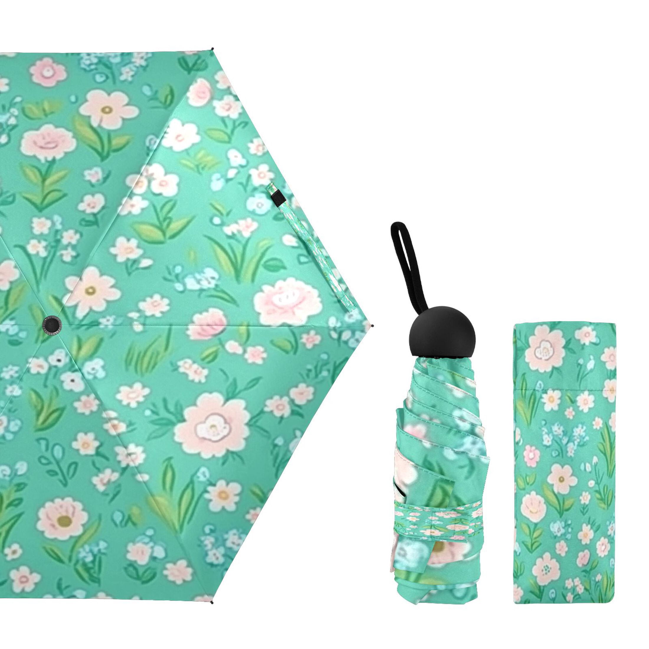 Mint Green Floral Pattern Umbrellas for Sun Auto Open Close UV50+ Waterproof 5-Fold Compact Fiberglass Frame