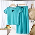 thumbnail image 2 of WRKEKC Girls 2 piece Outfits Solid Scalloped Bow Short Sleeve Round Neck Top and Wide Leg Long Pants Set for 0-11 Years, 2 of 9