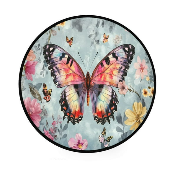 BZSMCE Round Decorative Floor Mat Butterfly Surrounded by Colorful Flowers Pattern 36.2IN