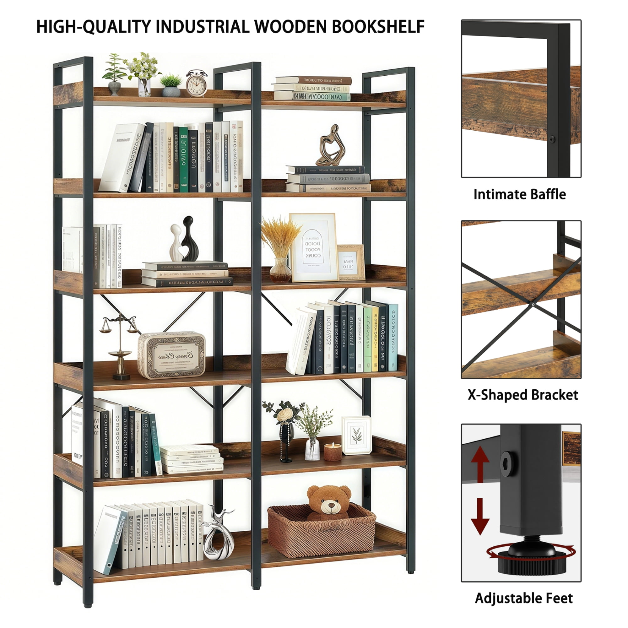 Leumius 6-Tier Industrial Bookshelf, 67" Wooden Bookshelf with Open Shelves, Freestanding Metal Frame Bookcase for Storage and Display, Modern Book Shelves for Bedroom Living Room Home Office Brown