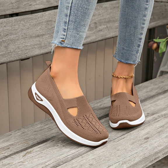 Domzle Women's Woven Orthopedic Breathable Soft Shoes Walking Slip on Diabetic Foam Shoes Hands Free Slip in Sneakers Arch Support Coffee