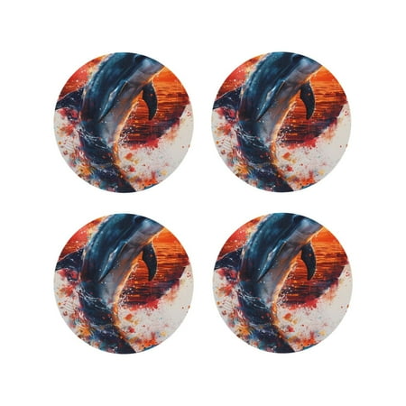 

Fuzoiu Sunset Ocean Watercolor Dolphin Print Leather Coasters Set Drink Coasters Set of 4 for Tabletop Protection Durable PVC Coasters Home Décor and Housewarming Gift-Round Shape