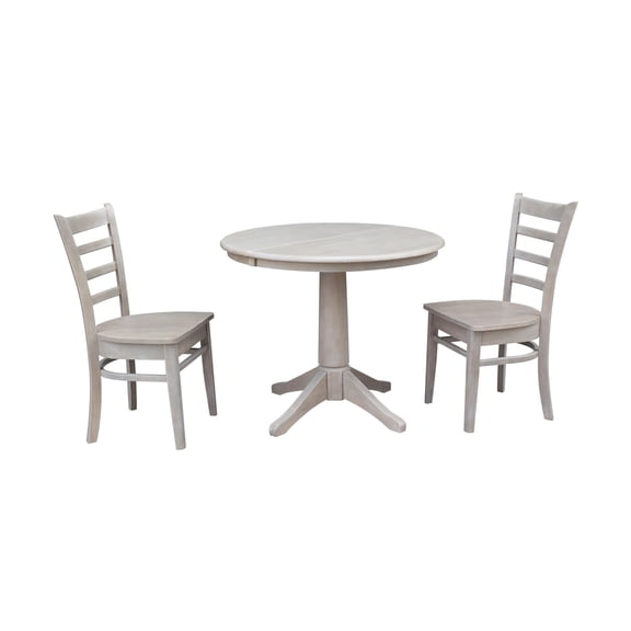 36" Round Dining Table with 12" Leaf and 2 Emily Chairs – Washed Gray Taupe - 3 Piece Set