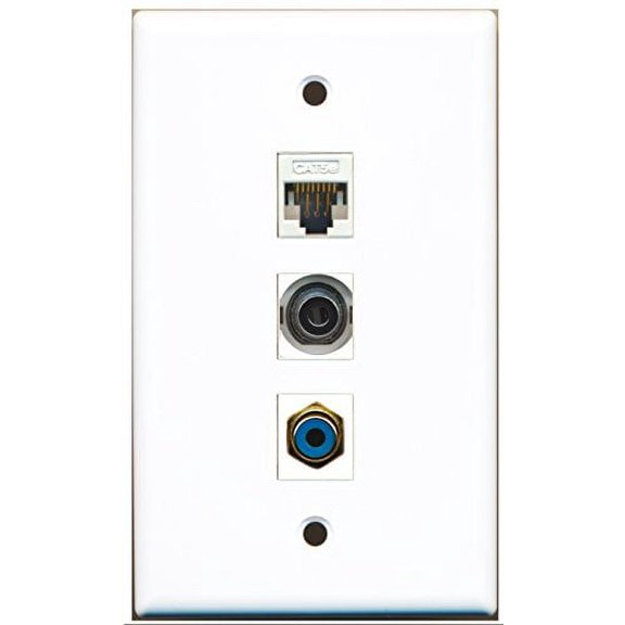 RiteAV - 1 Port RCA Blue and 1 Port 3.5mm and 1 Port Cat5e Ethernet White Wall Plate