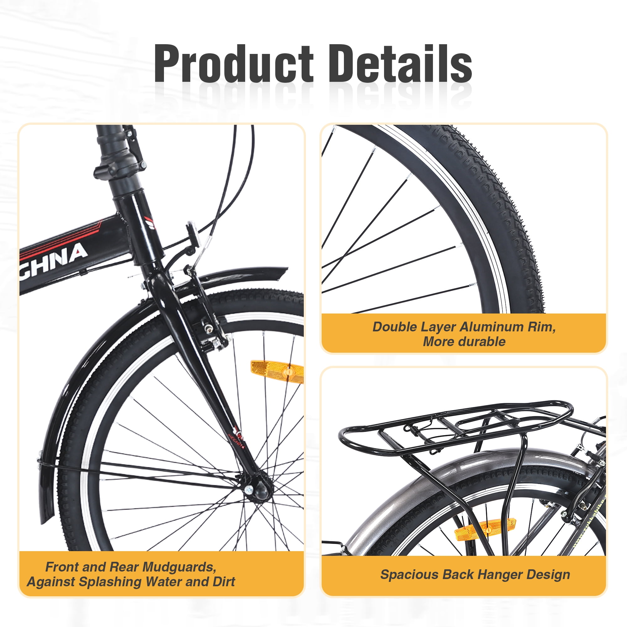 Ambifirner 24 Inch Folding Bike for Adults, Steel Frame Single Speed Commuter, Quick-Release Fold, Dual V-Brakes, Adjustable Leather Saddle, Full Fenders, Black