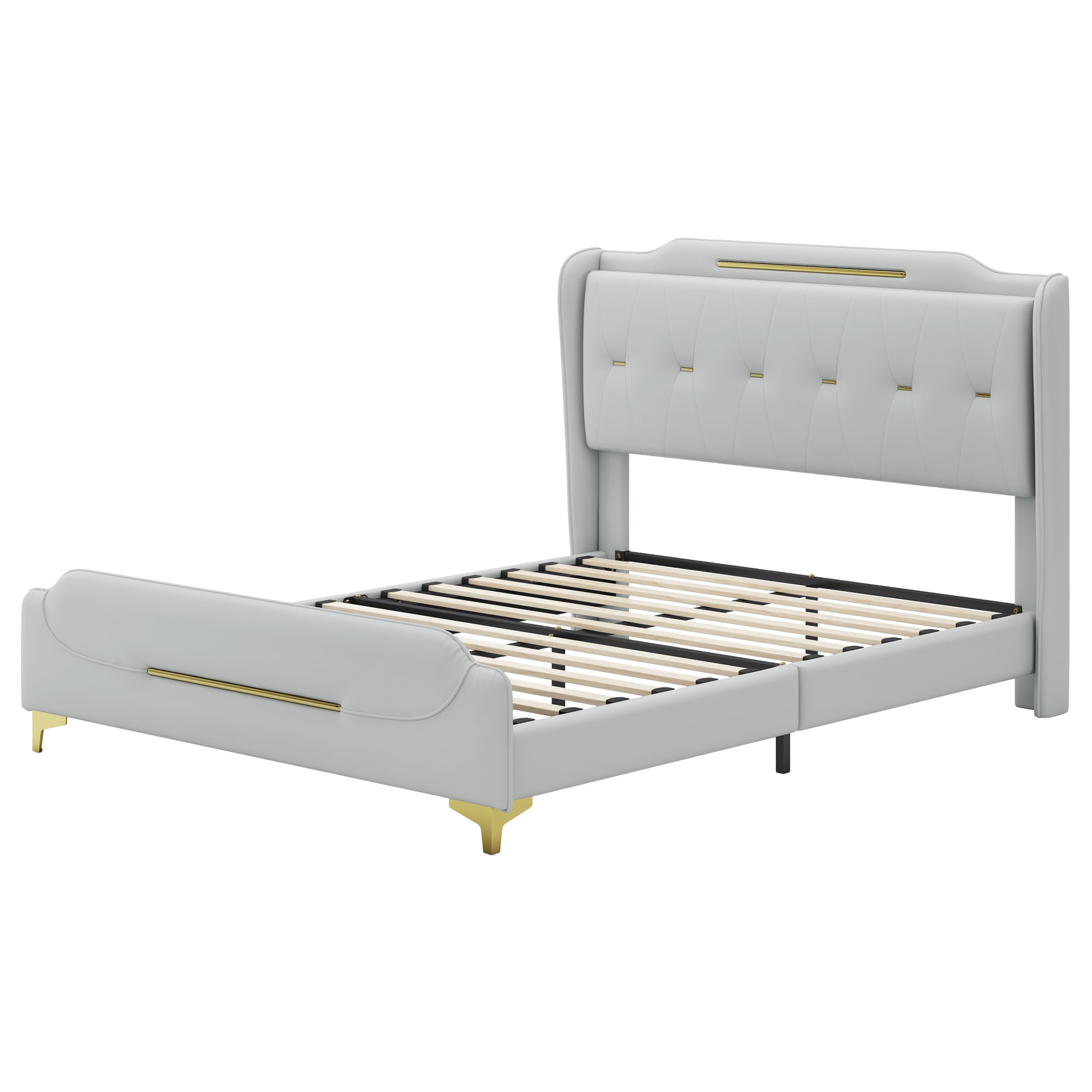 PORKISS Queen Size Bed Frame with PU Leather Upholstered Headboard, No Box Spring Needed, Grey