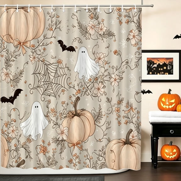 Soft Tone Pumpkin Ghost Shower Curtain, 70.8x70.8 Inch, Double Sided 2D Print Halloween Bathroom Decor
