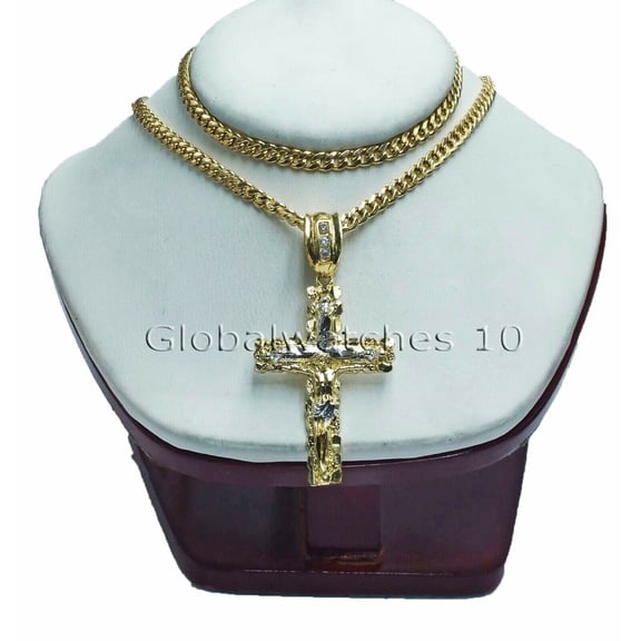 10k Yellow Gold Jesus Cross 6mm 26" Miami Cuban Chain Necklace