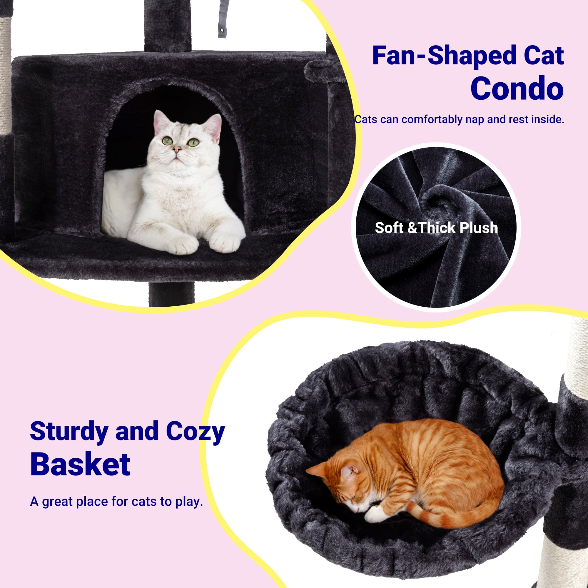 Allewie 73in Fan-Shaped Space-Saving Corner Cat Tower, Multi-Level Tall Cat Tree for Indoor Kitties, Cozy Baskets, Condos, House, Perches, Sisal Scratching Posts, Dark Grey